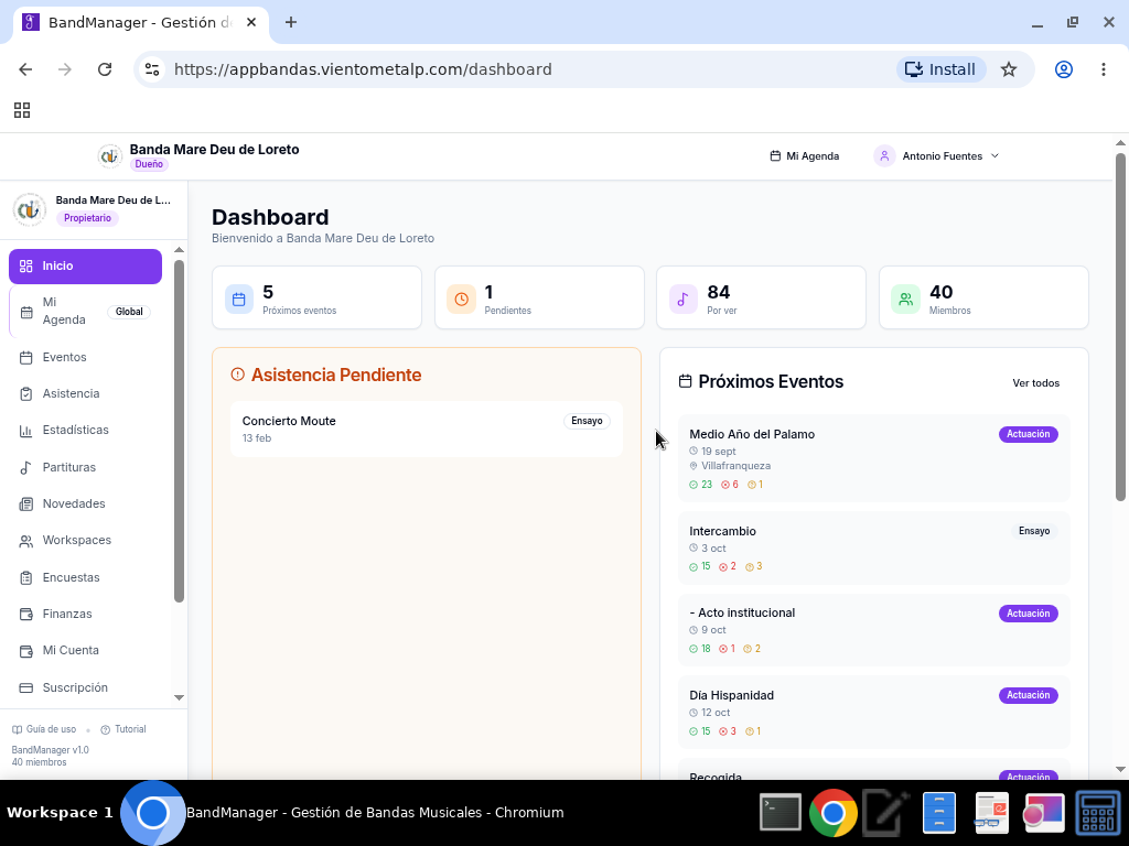 Panel de control de Band Manager con próximos eventos y asistencia