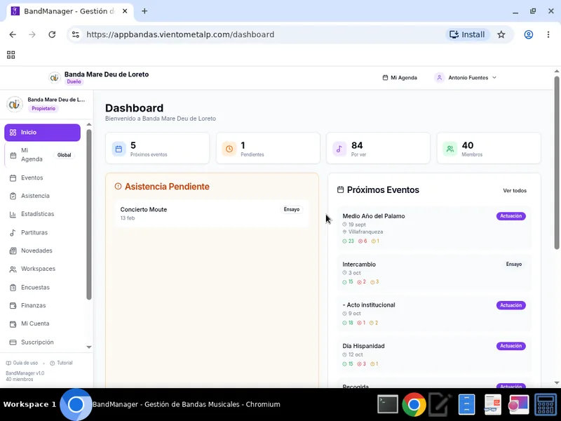 Panel de control de Band Manager con próximos eventos y asistencia