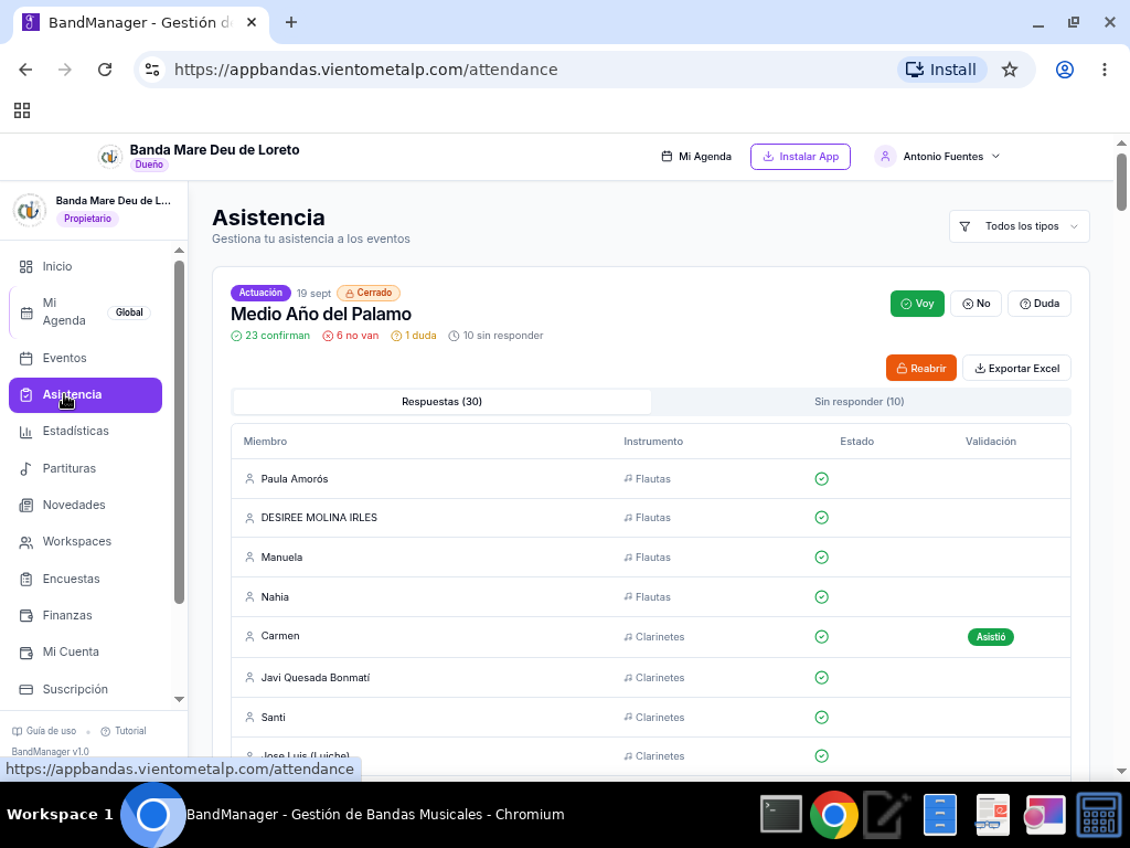 Control de asistencia por evento con lista de músicos y estado