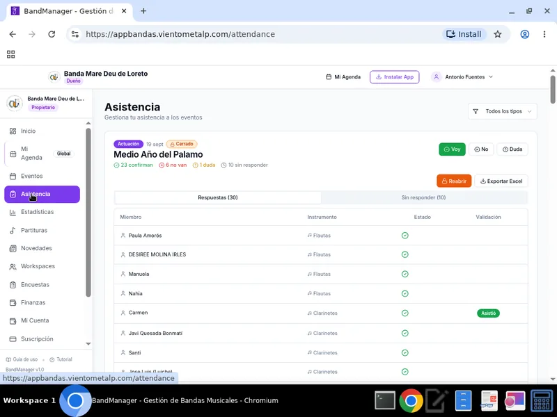Control de asistencia por evento con lista de músicos y estado